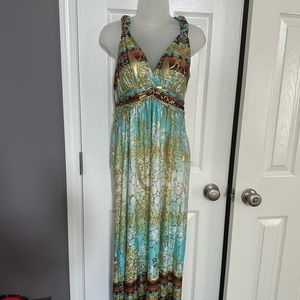 Shoreline soft, aqua, brown and shiny gold maxi dress. Size SM.